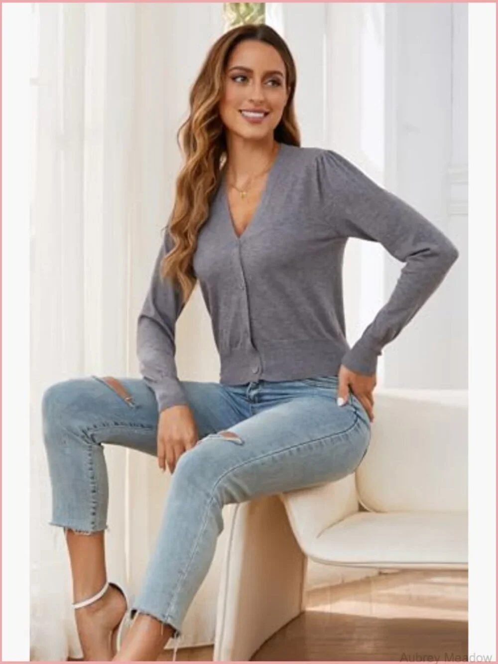 Women's Cropped V-Neck Button Down Cardigan Long Sleeve Knit Sweater